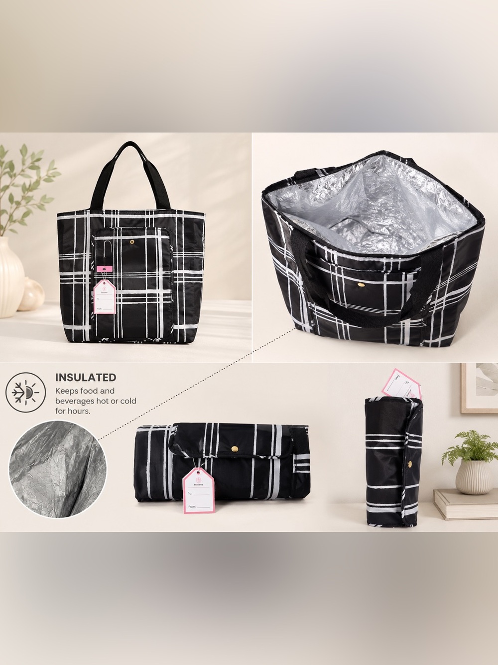 Isaac Mizrahi Live Insulated Foldable Reusable Tote Bag Black White Plaid - Picture 2 of 2